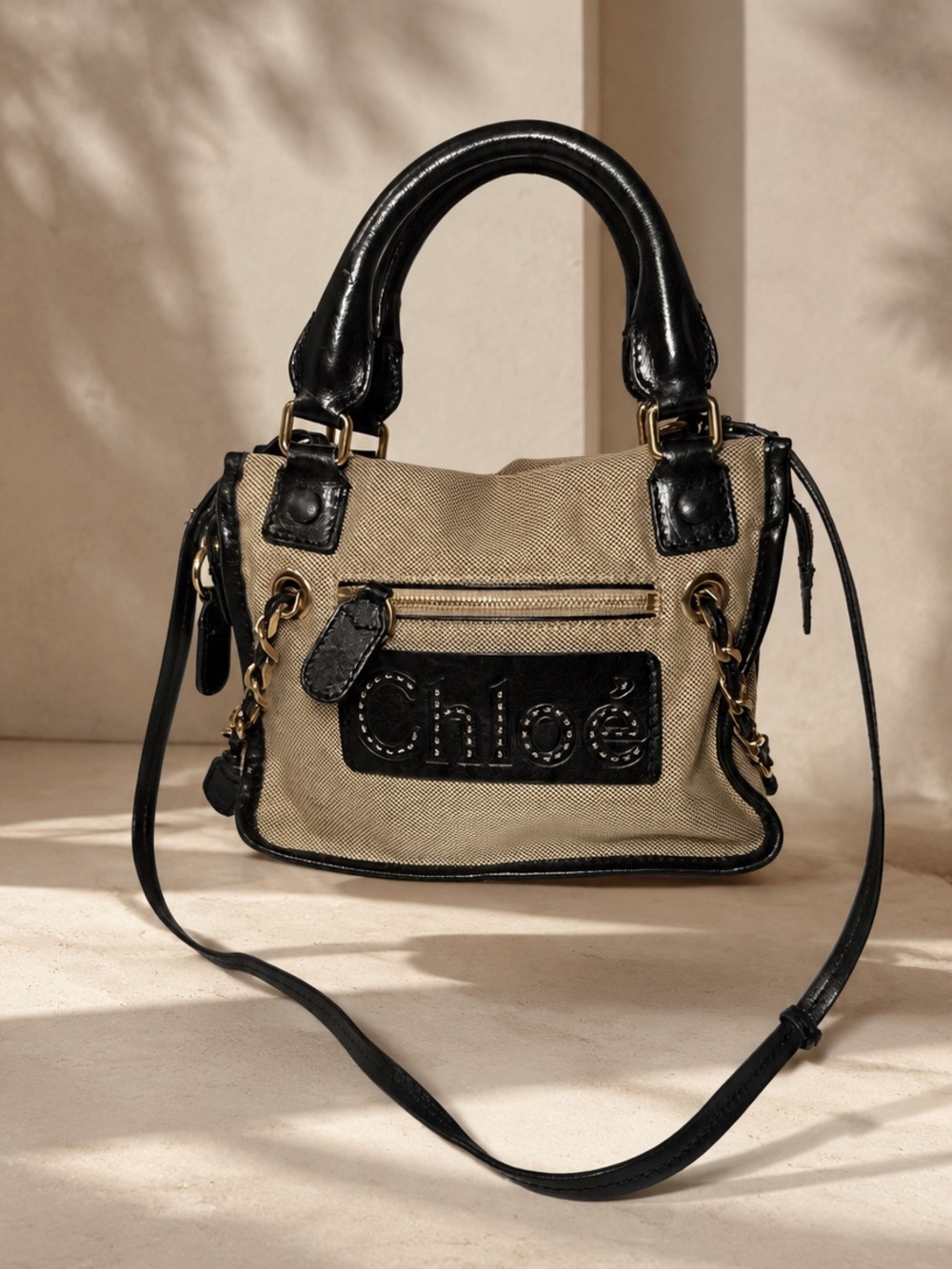 Chloé Canvas & Black Leather Satchel Crossbody Bag Gold Hardware